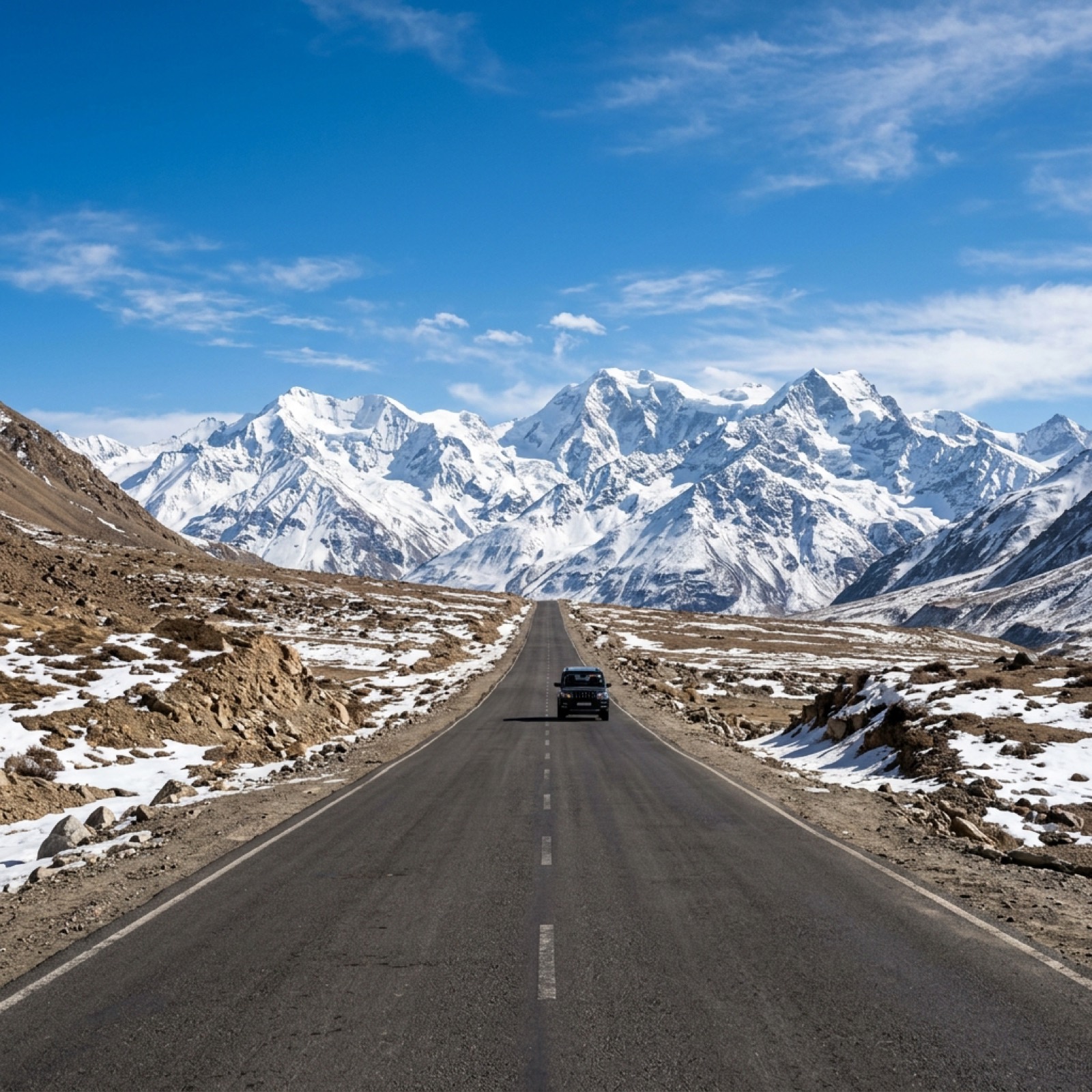 Rider on empty mountain road in Ladakh during private motorcycle expedition India